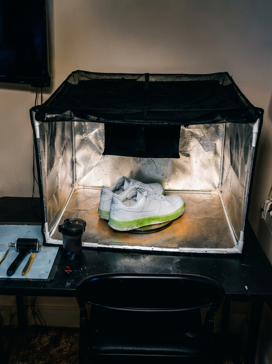 Lightbox paint booth with a freshly painted sneaker pair