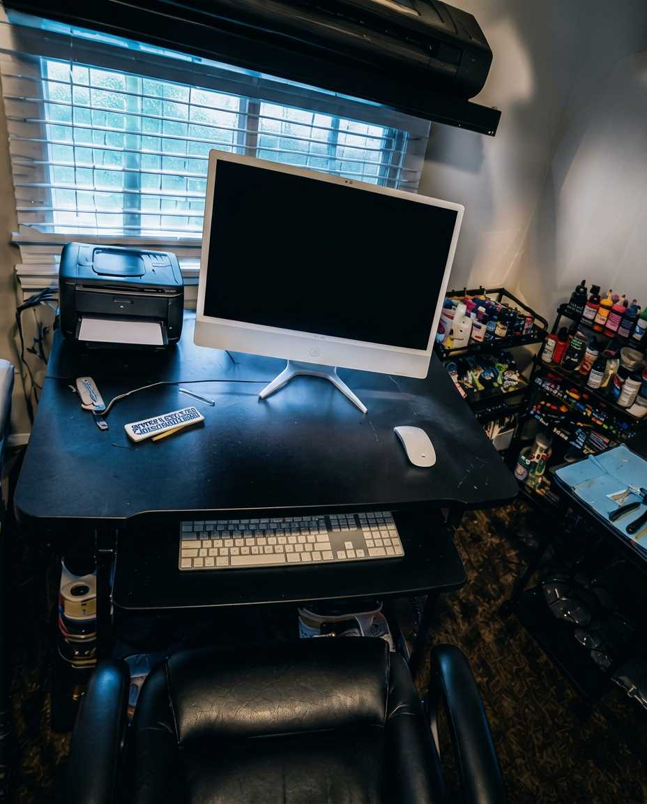 Design desk with monitor and racks of leather paint